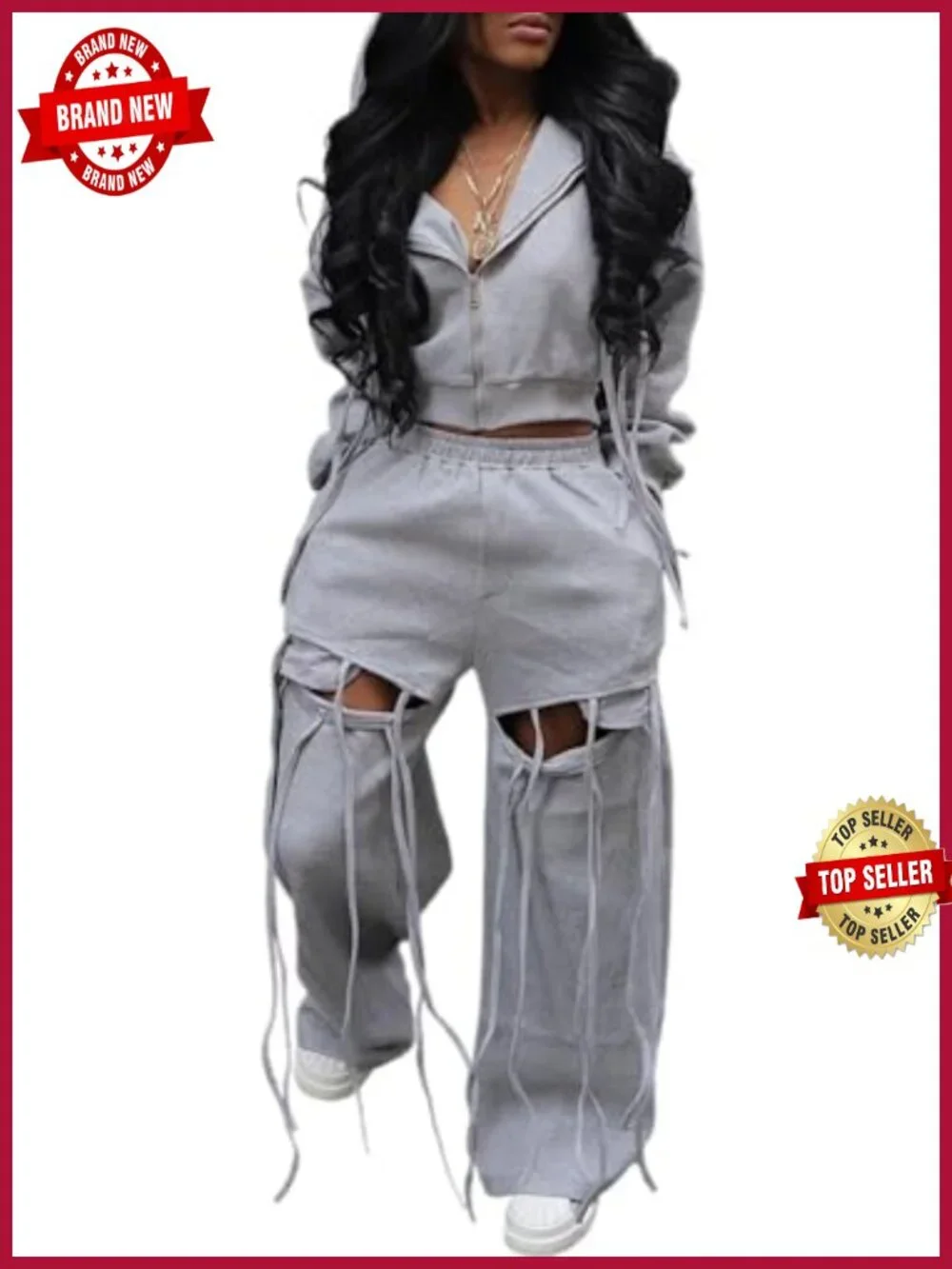 Women 2 Piece Hoodie Sweatsuit Set Ripped Wide Leg Pant Zip Up Lounge Wear